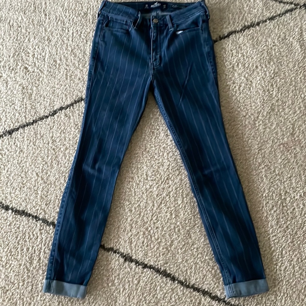 These jeans are high rise with stripes on them and are from Hollister